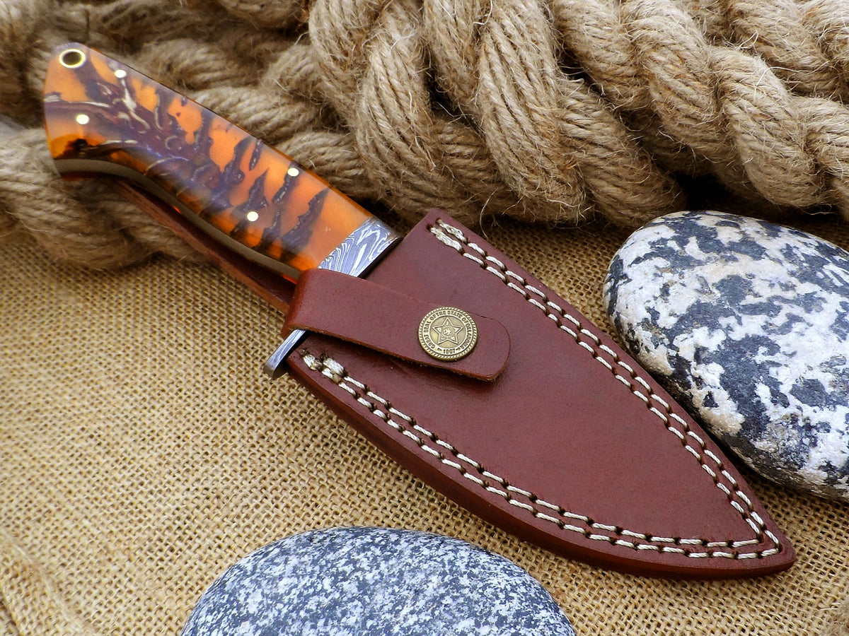 Best Deer Skinning Knife - Handcrafted Feather Damascus with Pinecone Handle - RFE Marketing Ventures