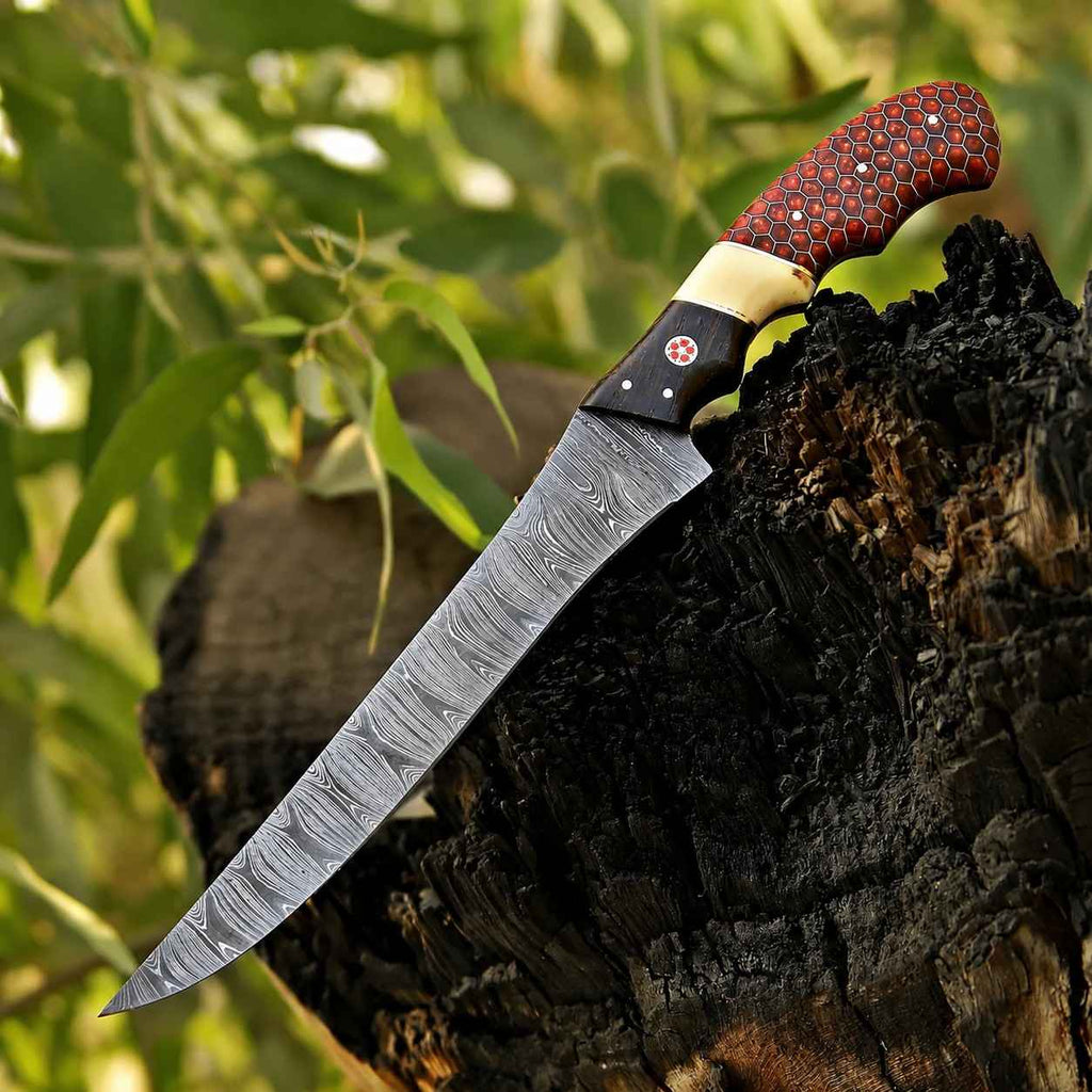 Damascus Fish Fillet Knife – Red Honeycomb & Camel Bone Handle - RFE Marketing Ventures