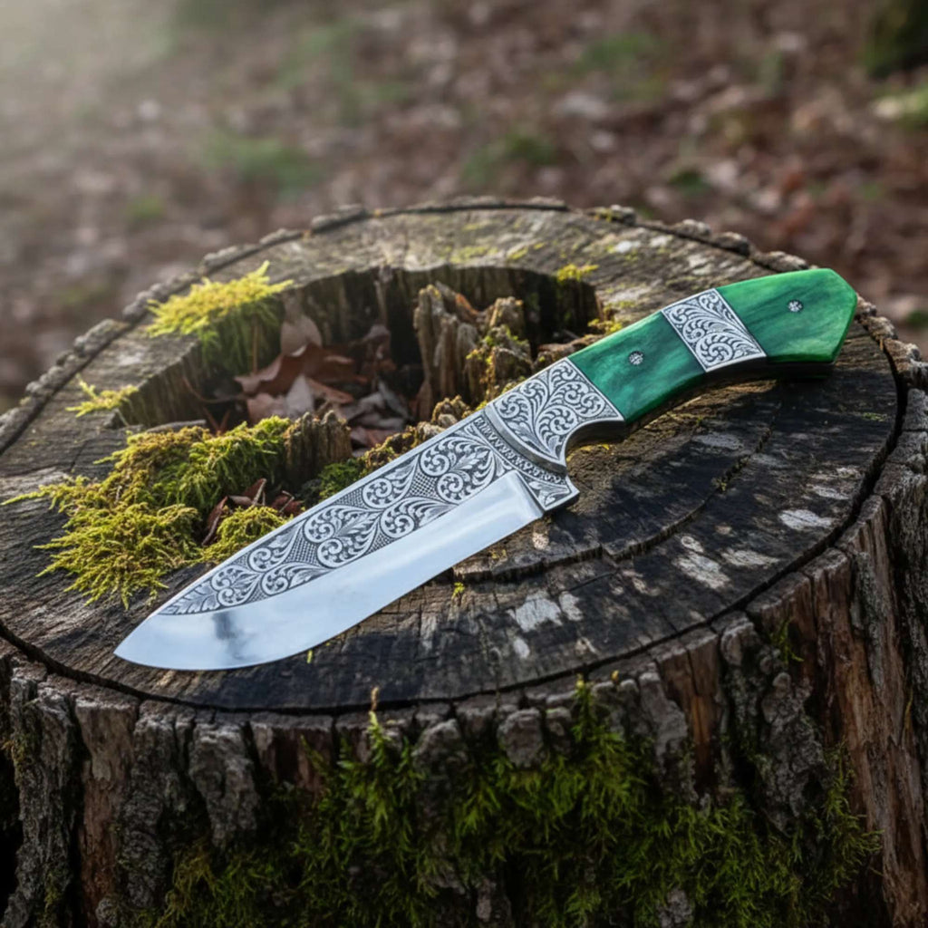 Hand Engraved Hunting Knife | D2 Steel with Camel Bone Handle - Ultimate Performance & Style - RFE Marketing Ventures