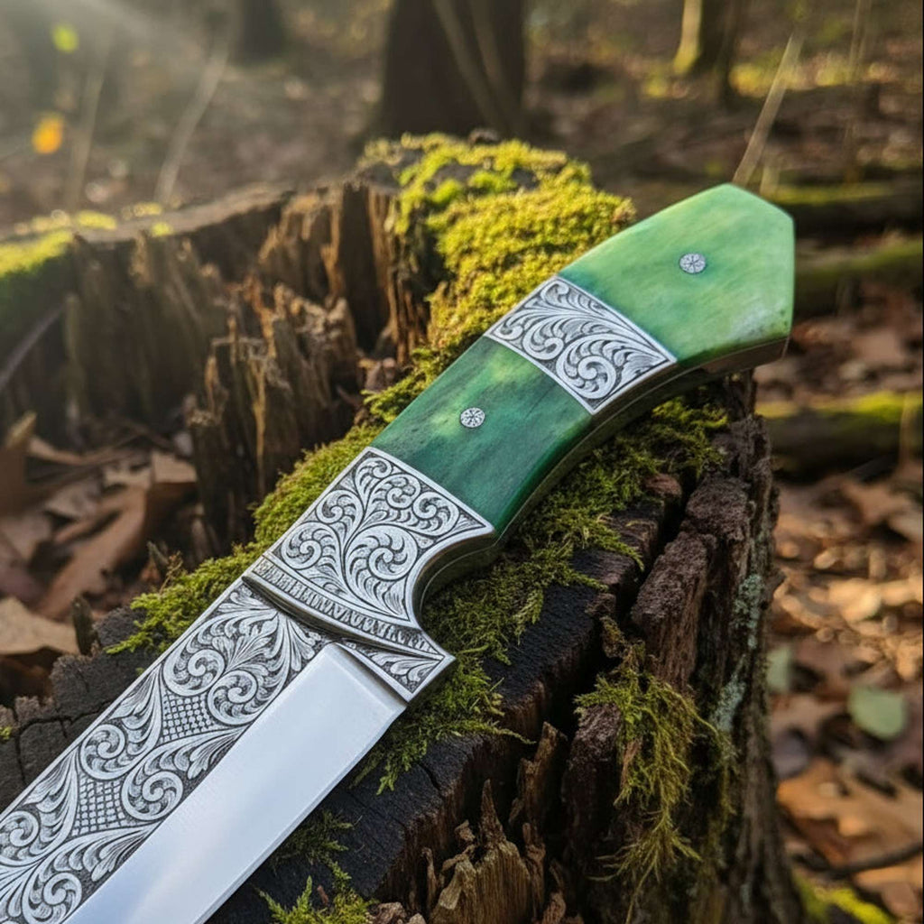 Hand Engraved Hunting Knife | D2 Steel with Camel Bone Handle - Ultimate Performance & Style - RFE Marketing Ventures