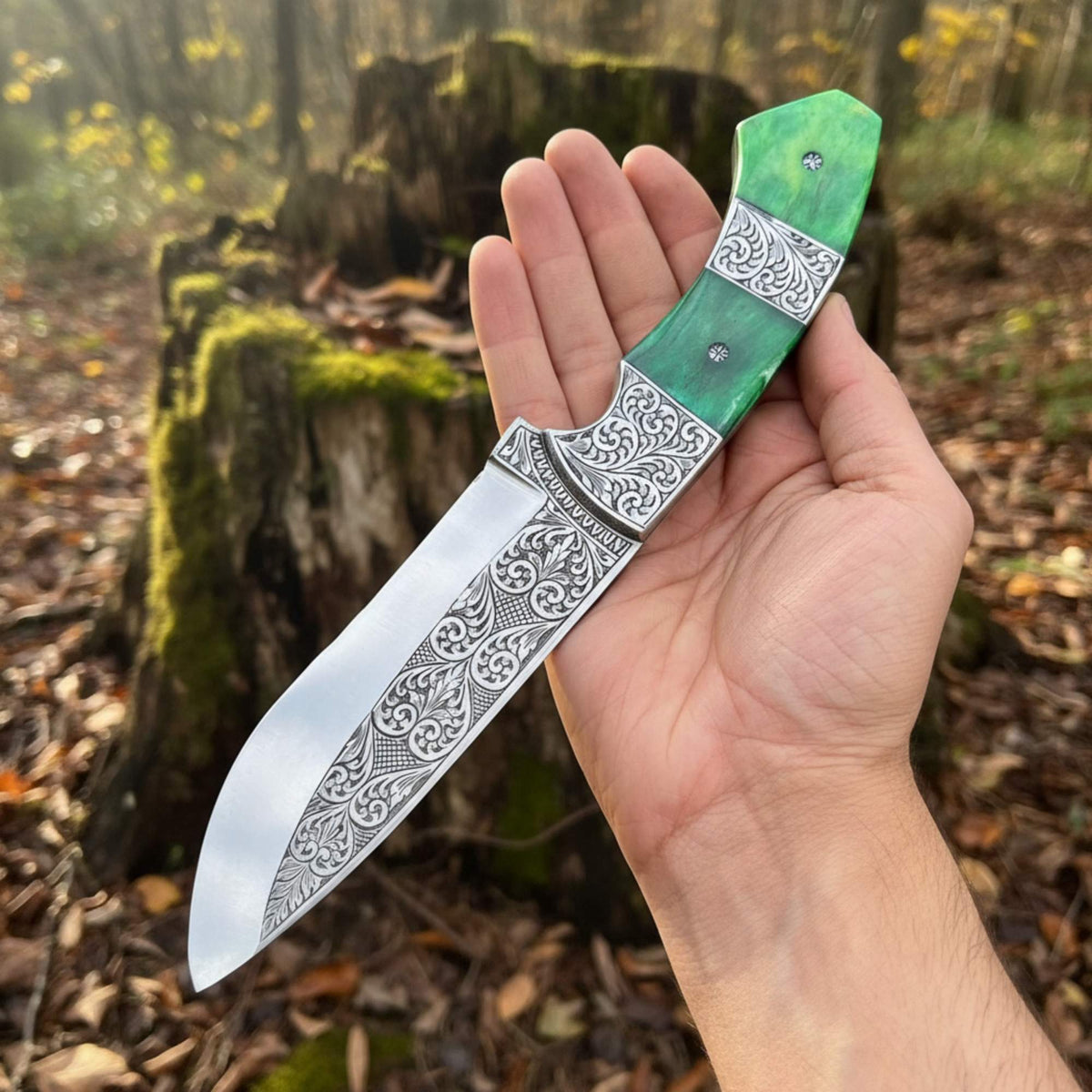 Hand Engraved Hunting Knife | D2 Steel with Camel Bone Handle - Ultimate Performance & Style - RFE Marketing Ventures