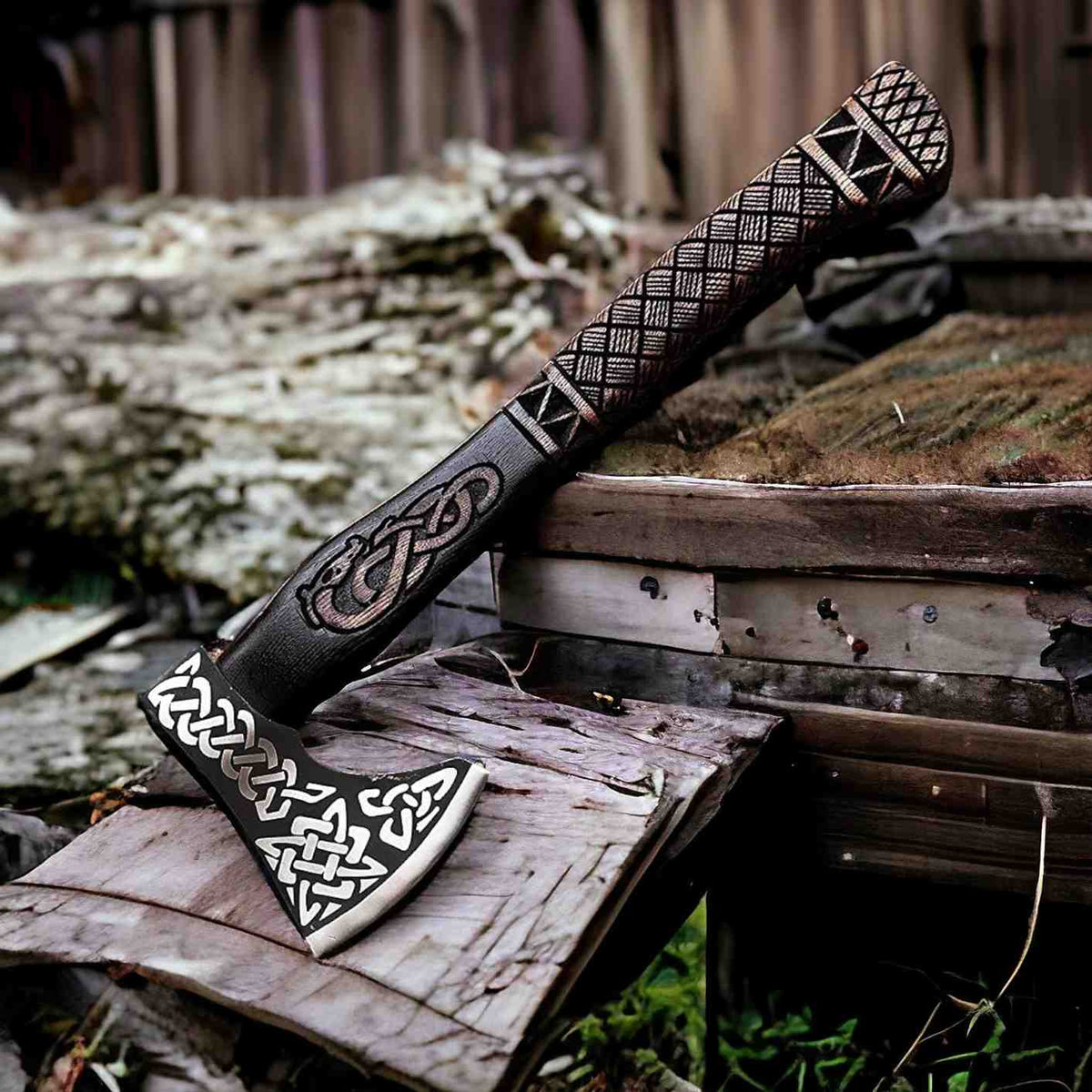 Celtic Knotwork Viking Axe: Hand-Forged Bearded Battle Axe with Carved Handle - RFE Marketing Ventures
