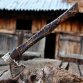 Viking Bearded Axe - Hand-Forged Raven & Sunwheel Design, Authentic Ash Handle - RFE Marketing Ventures
