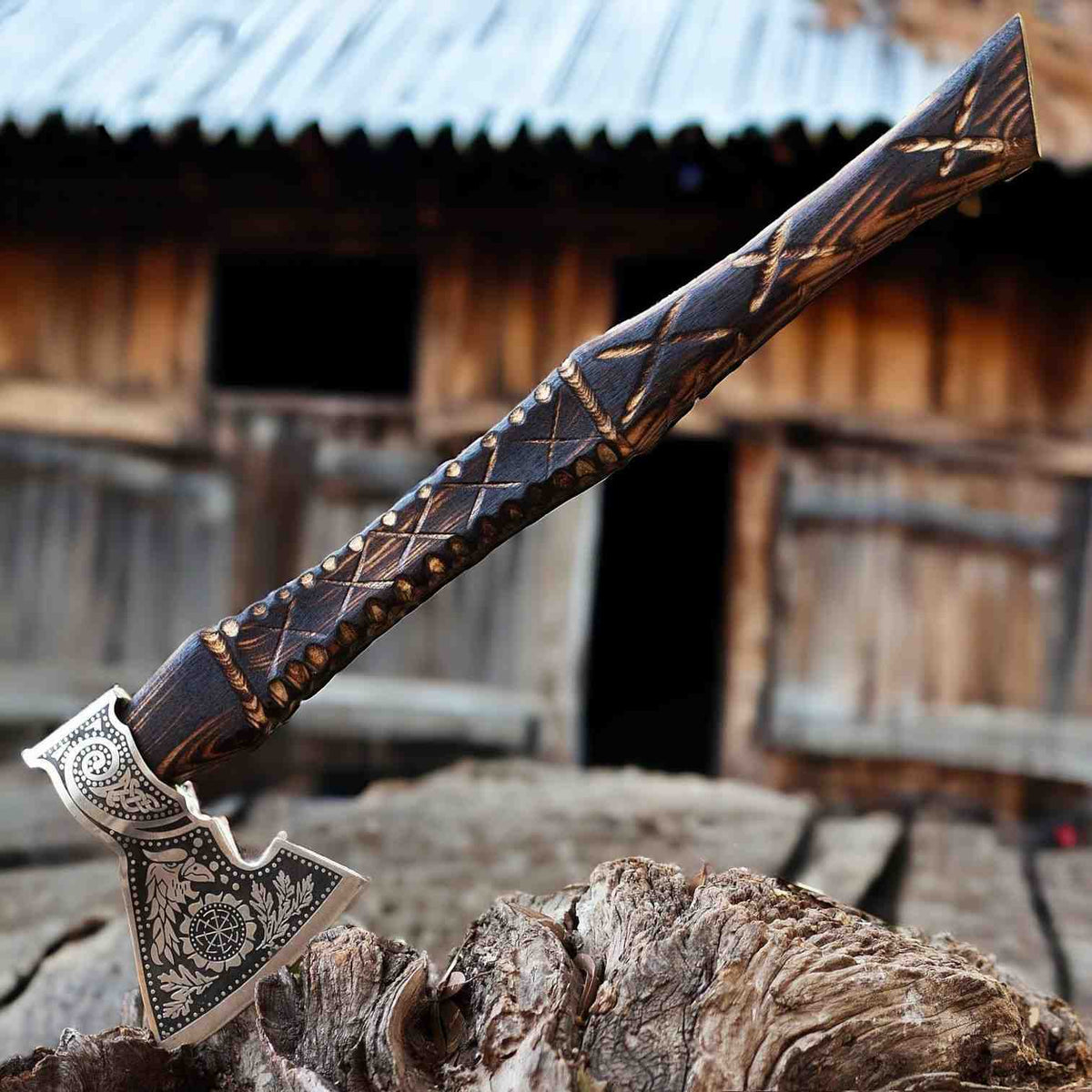 Viking Bearded Axe - Hand-Forged Raven & Sunwheel Design, Authentic Ash Handle - RFE Marketing Ventures