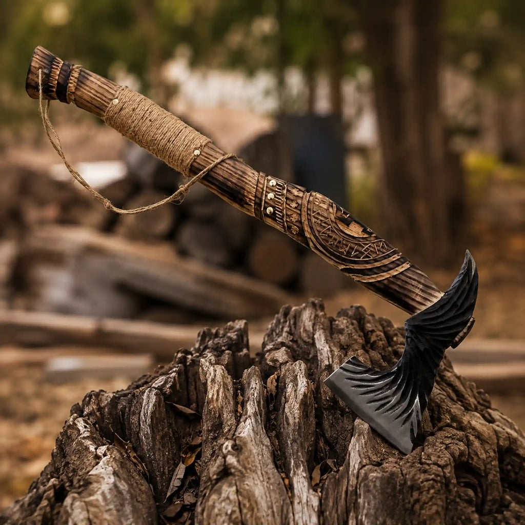 Hand-Forged Viking Axe with Raven Feather Design - Unique Bearded Axe for Collectors and Warriors - RFE Marketing Ventures
