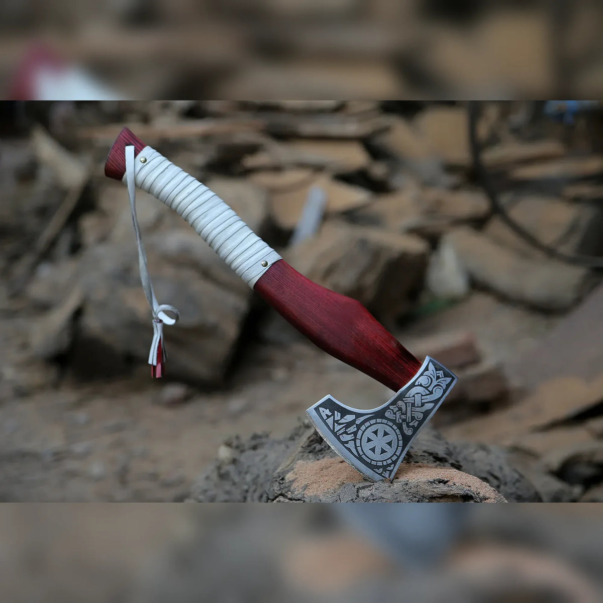 Kolovrat Sunwheel Viking Axe – Hand-Forged Bearded Hatchet, Leather-Wrapped Handle - RFE Marketing Ventures