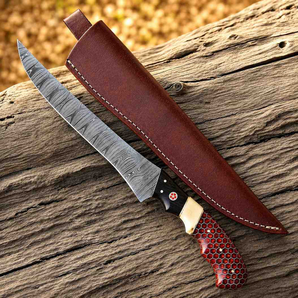 Damascus Fish Fillet Knife – Red Honeycomb & Camel Bone Handle - RFE Marketing Ventures