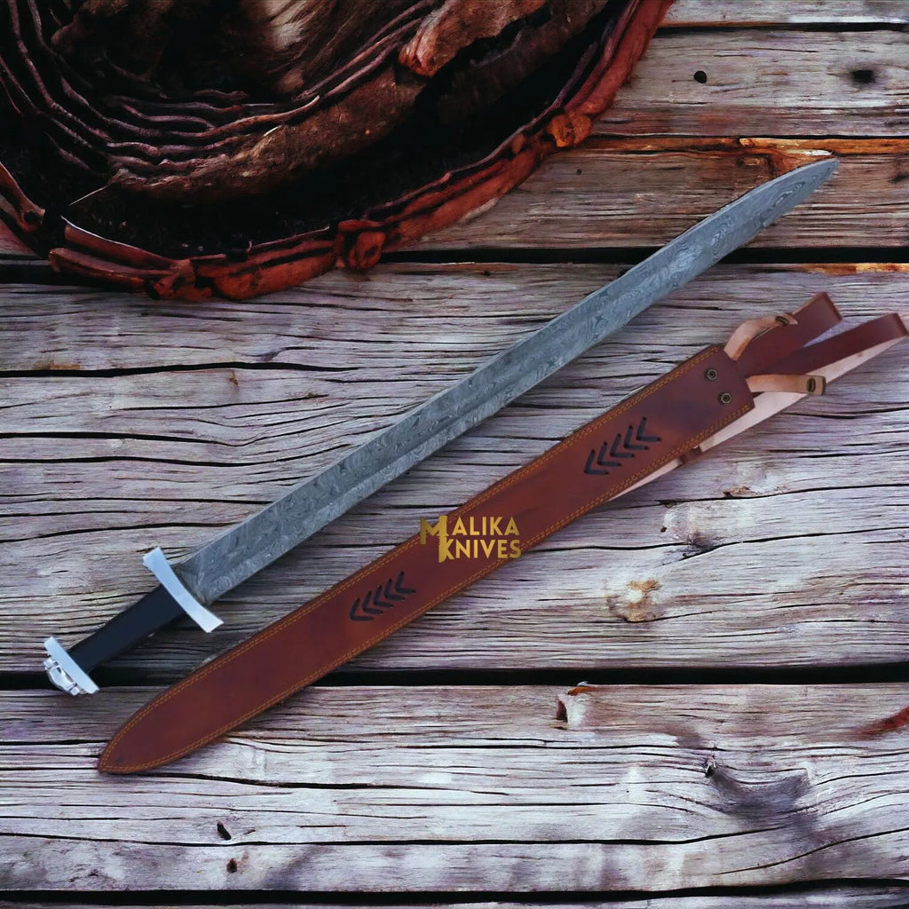 Authentic Ulfberht Damascus Viking Sword | Exquisite Handmade Leather Sheath - RFE Marketing Ventures