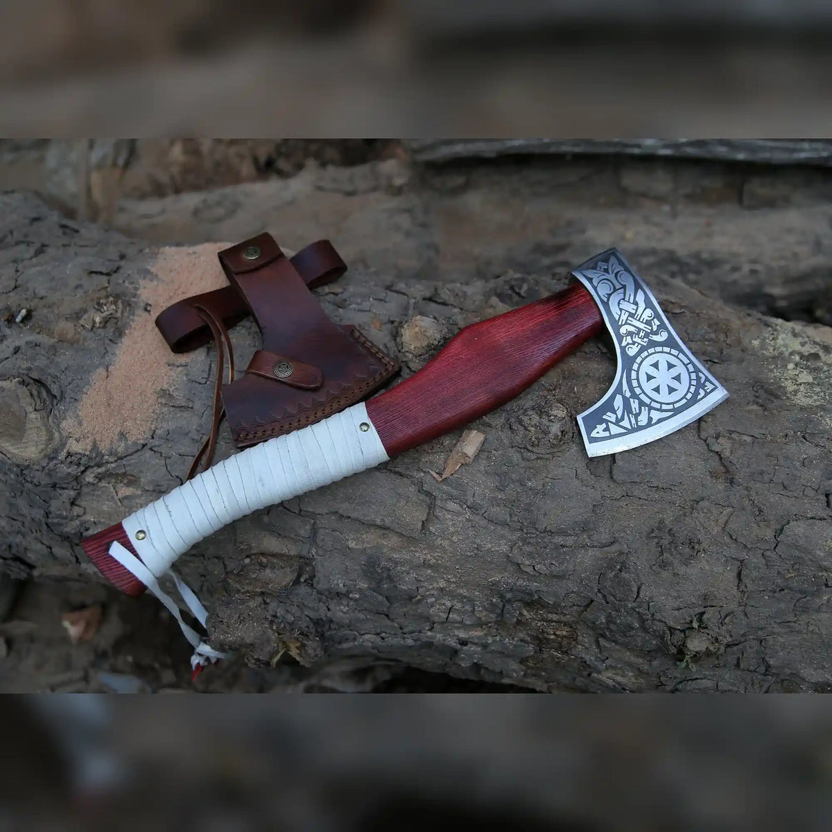 Kolovrat Sunwheel Viking Axe – Hand-Forged Bearded Hatchet, Leather-Wrapped Handle - RFE Marketing Ventures