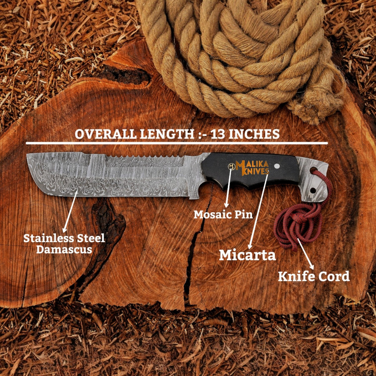 13 Inch Damascus Steel Bowie Knife – Handcrafted Masterpiece by Malika Knives - RFE Marketing Ventures