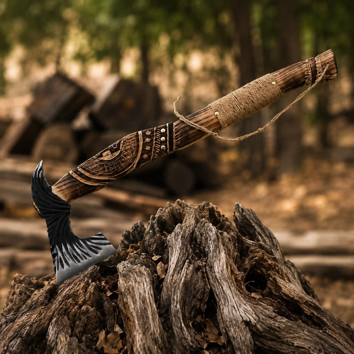 Hand-Forged Viking Axe with Raven Feather Design - Unique Bearded Axe for Collectors and Warriors - RFE Marketing Ventures