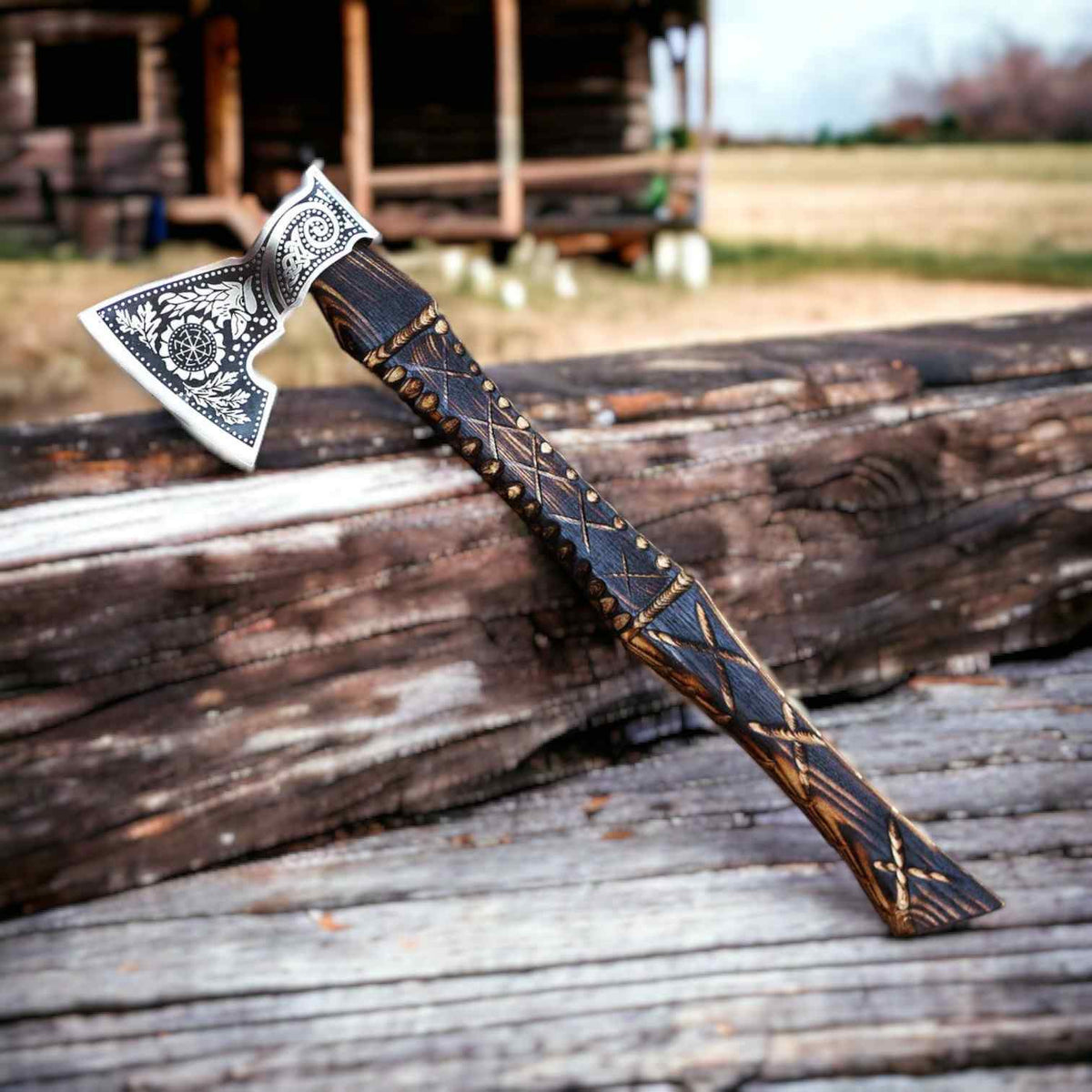 Viking Bearded Axe - Hand-Forged Raven & Sunwheel Design, Authentic Ash Handle - RFE Marketing Ventures