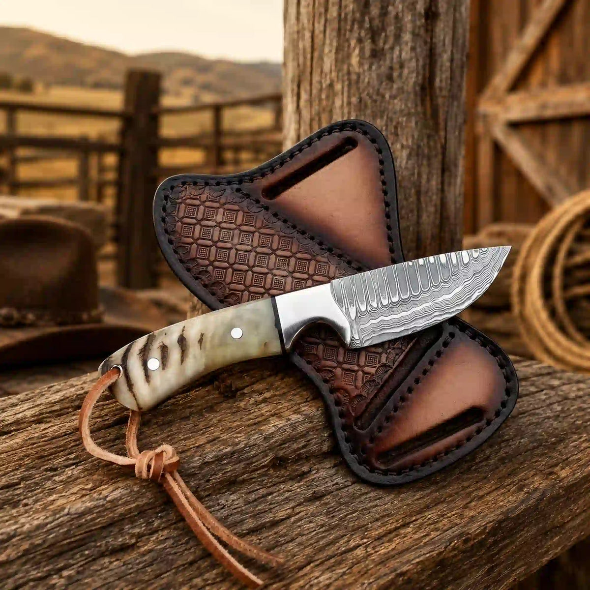 Handmade Damascus Steel Knife | Buckaroo Knife with Ram Horn Handle - RFE Marketing Ventures