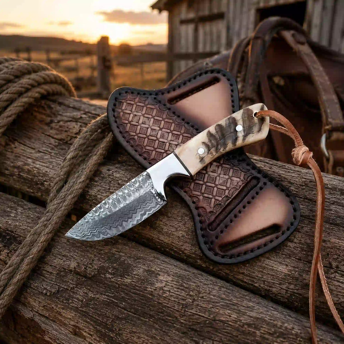 Handmade Damascus Steel Knife | Buckaroo Knife with Ram Horn Handle - RFE Marketing Ventures