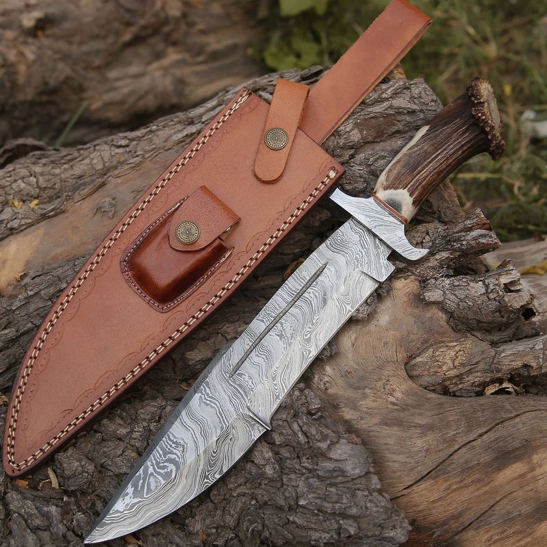Premium Damascus Stag Bowie Knife - Unmatched Craftsmanship for Outdoor Enthusiasts - RFE Marketing Ventures