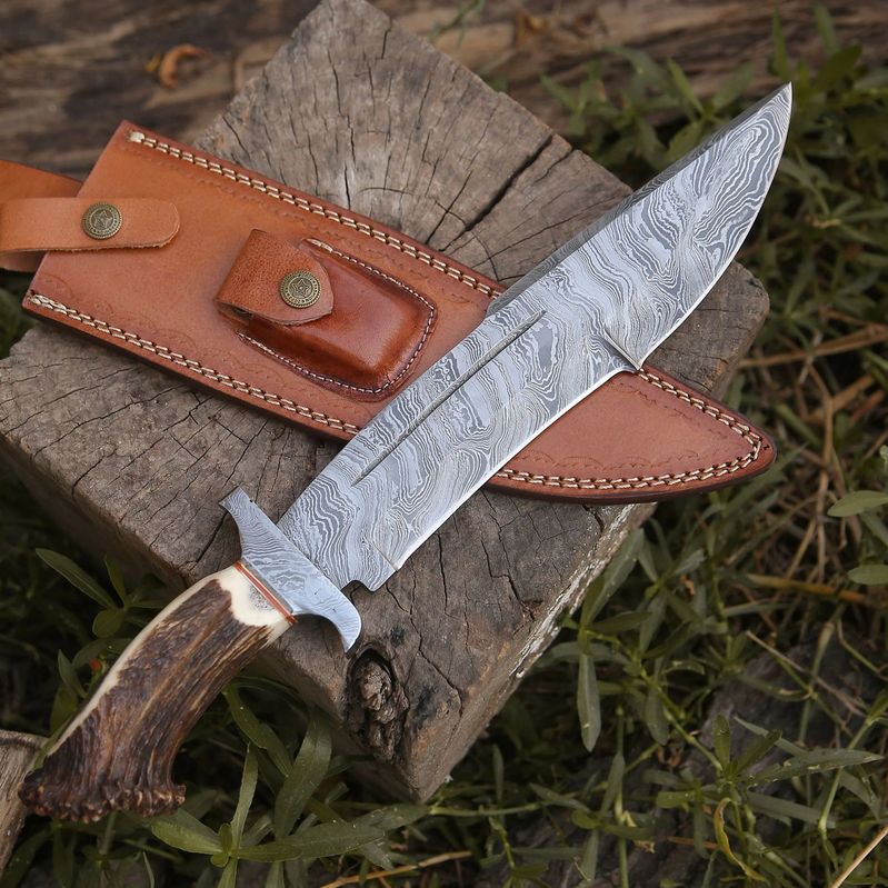 Premium Damascus Stag Bowie Knife - Unmatched Craftsmanship for Outdoor Enthusiasts - RFE Marketing Ventures