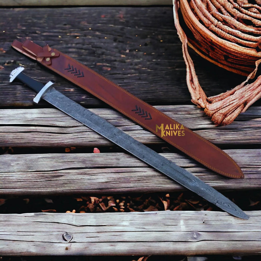 Authentic Ulfberht Damascus Viking Sword | Exquisite Handmade Leather Sheath - RFE Marketing Ventures