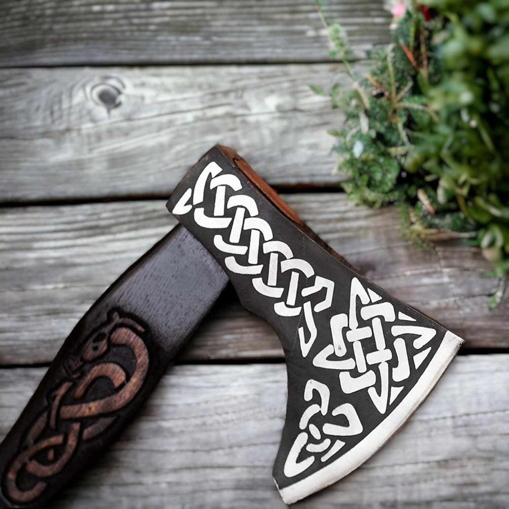 Celtic Knotwork Viking Axe: Hand-Forged Bearded Battle Axe with Carved Handle - RFE Marketing Ventures