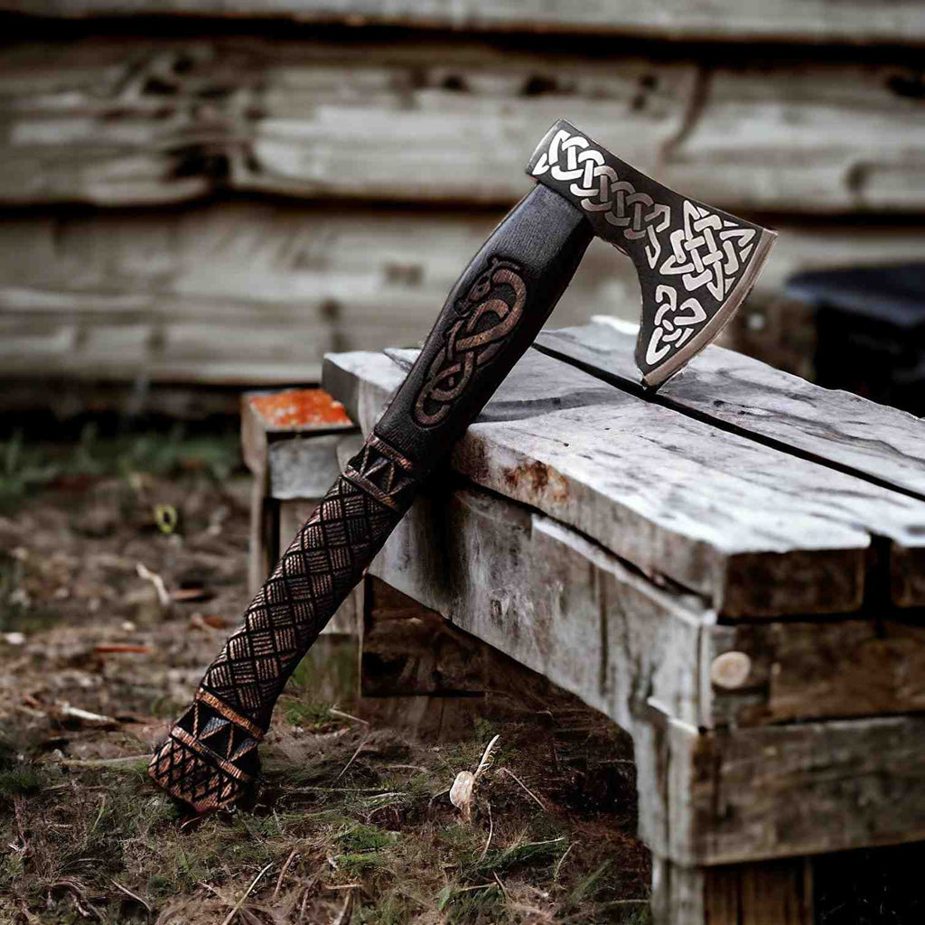 Celtic Knotwork Viking Axe: Hand-Forged Bearded Battle Axe with Carved Handle - RFE Marketing Ventures