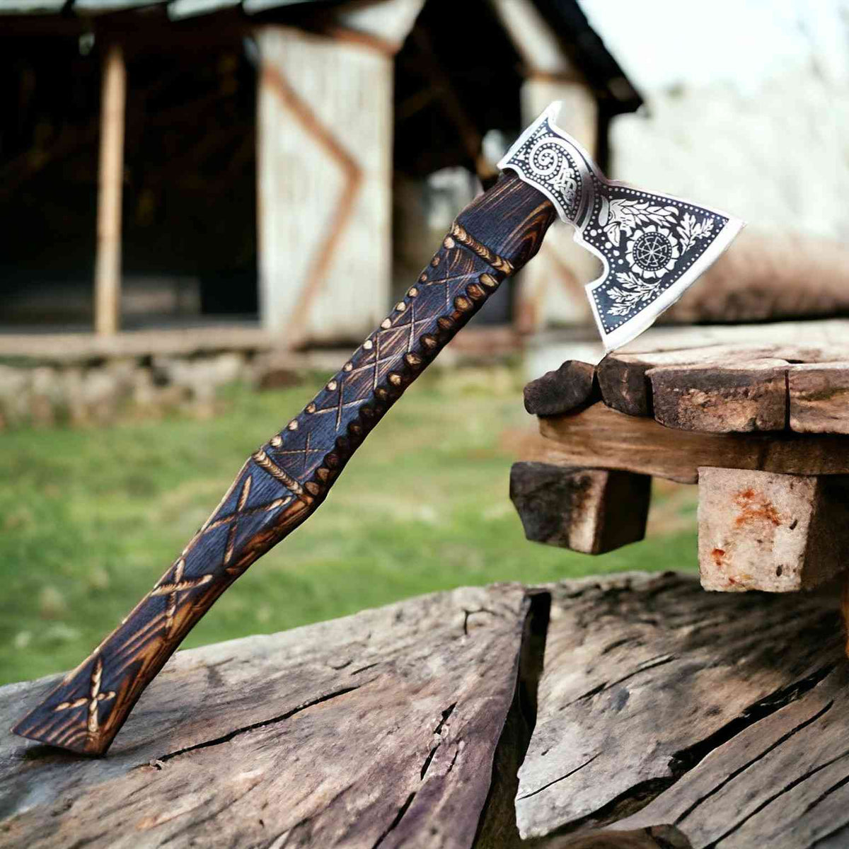Viking Bearded Axe - Hand-Forged Raven & Sunwheel Design, Authentic Ash Handle - RFE Marketing Ventures