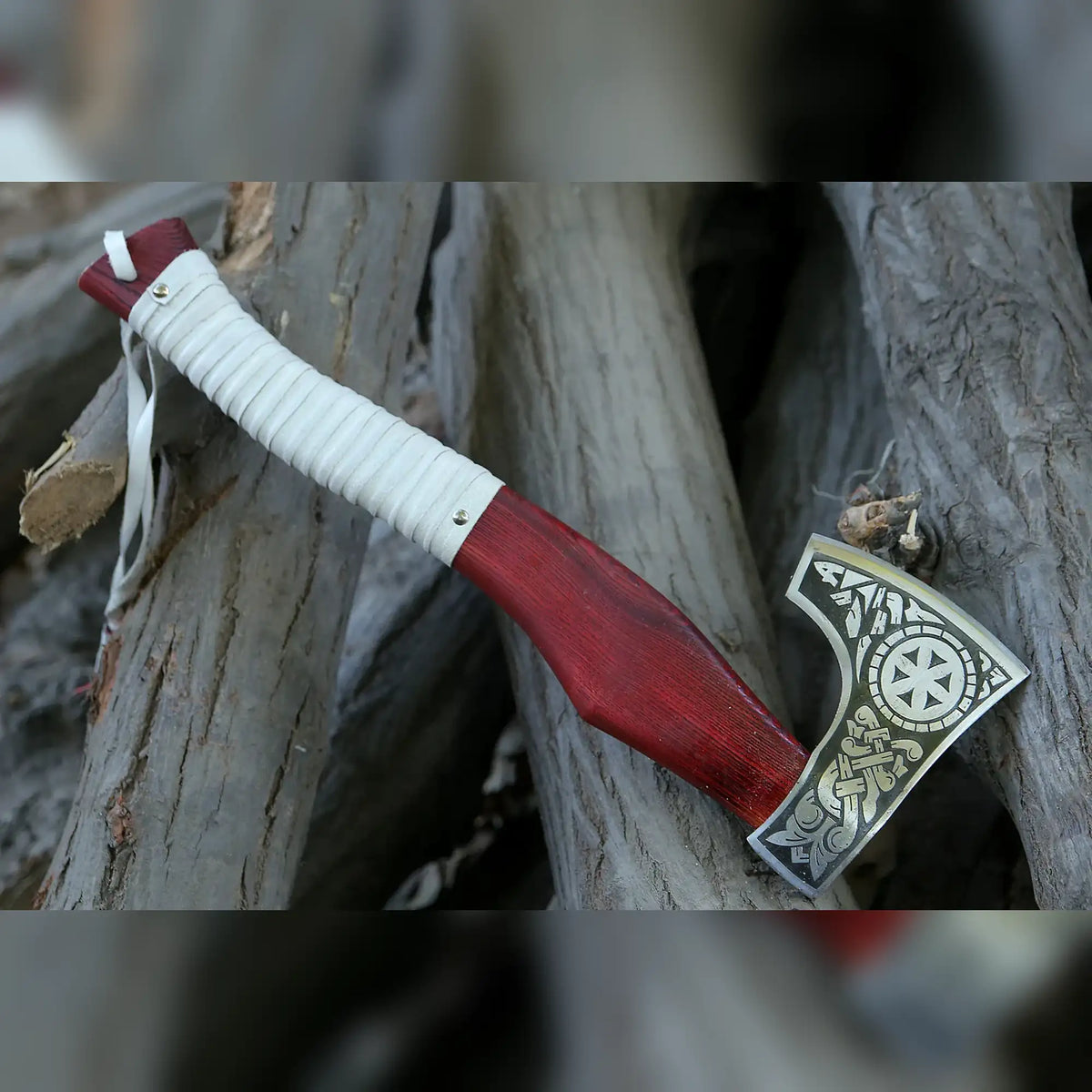 Kolovrat Sunwheel Viking Axe – Hand-Forged Bearded Hatchet, Leather-Wrapped Handle - RFE Marketing Ventures