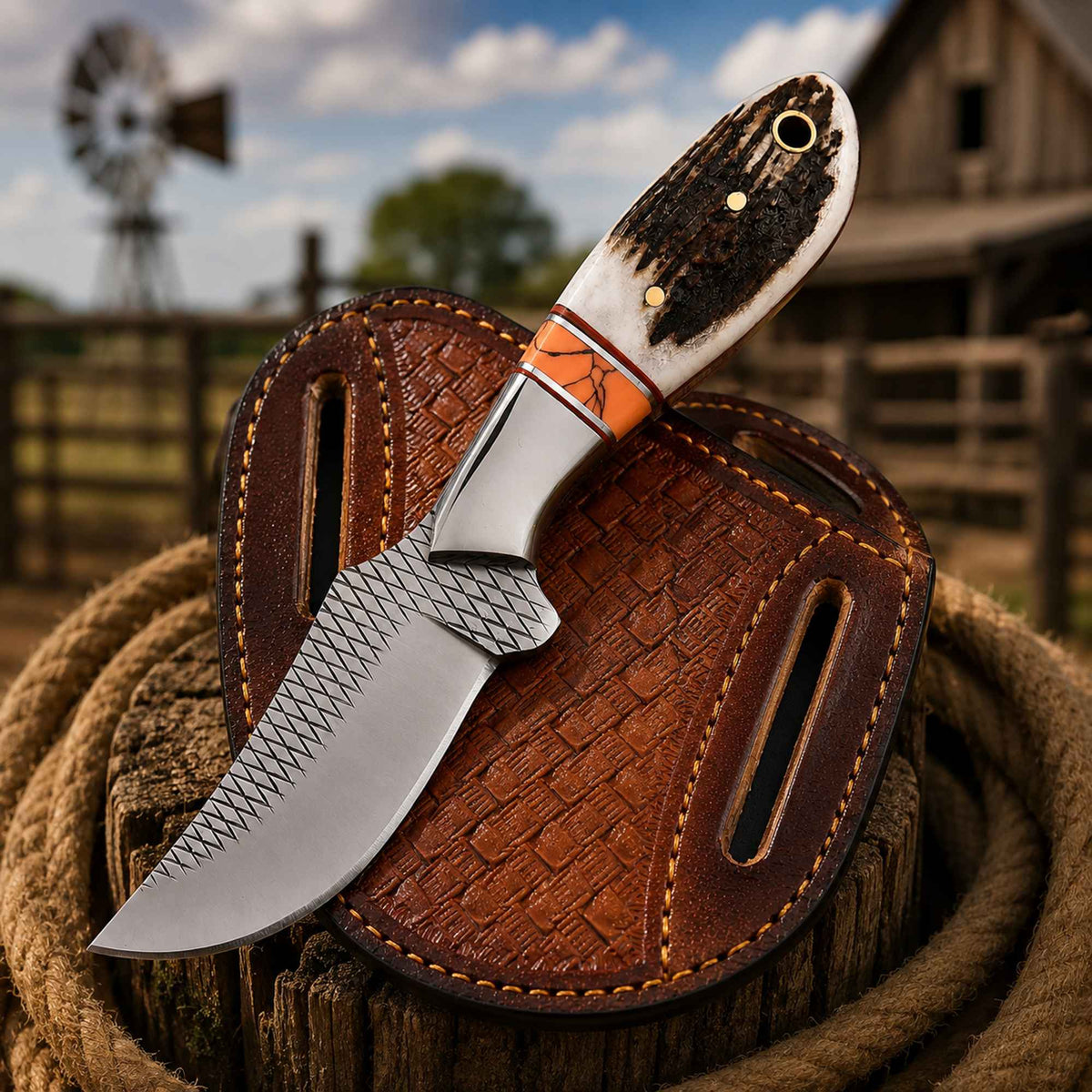 Premium Western Belt Knife - Stag Horn Handle & D2 Rasp Steel for Ultimate Performance - RFE Marketing Ventures