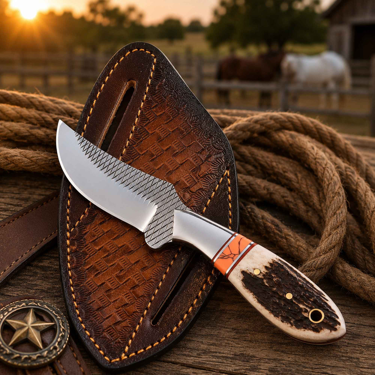 Premium Western Belt Knife - Stag Horn Handle & D2 Rasp Steel for Ultimate Performance - RFE Marketing Ventures