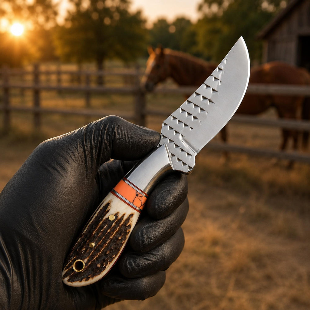 Premium Western Belt Knife - Stag Horn Handle & D2 Rasp Steel for Ultimate Performance - RFE Marketing Ventures