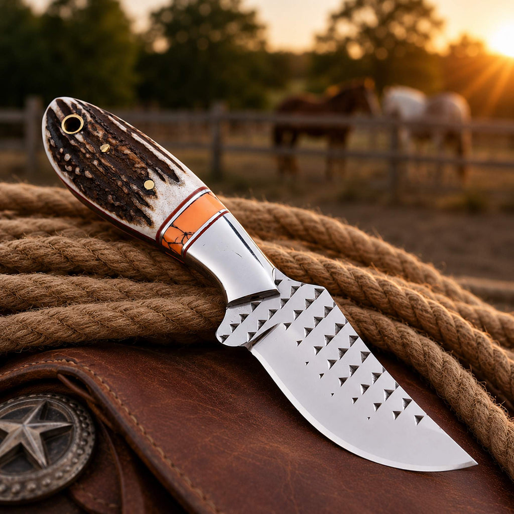 Premium Western Belt Knife - Stag Horn Handle & D2 Rasp Steel for Ultimate Performance - RFE Marketing Ventures